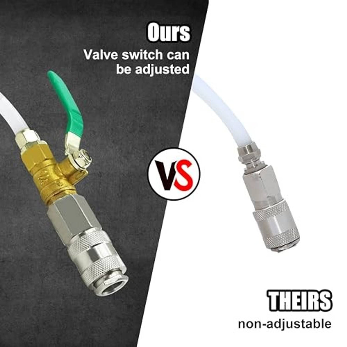 Brake bleeder hose fitting with adjustable valve, green tube, and threaded connectors