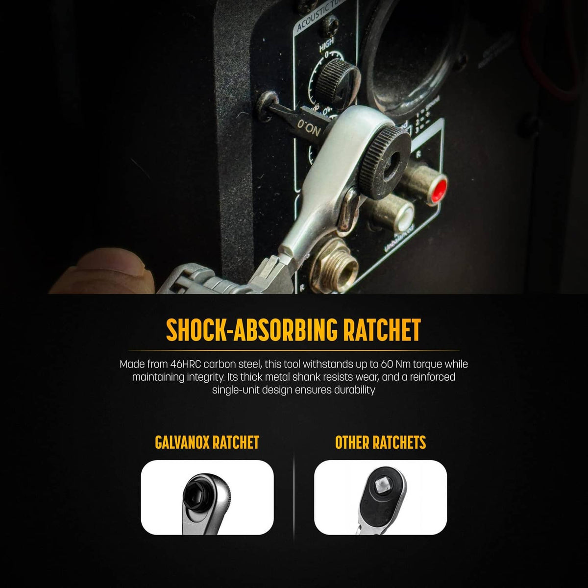 Shock-absorbing ratchet driver with black head and side control knob