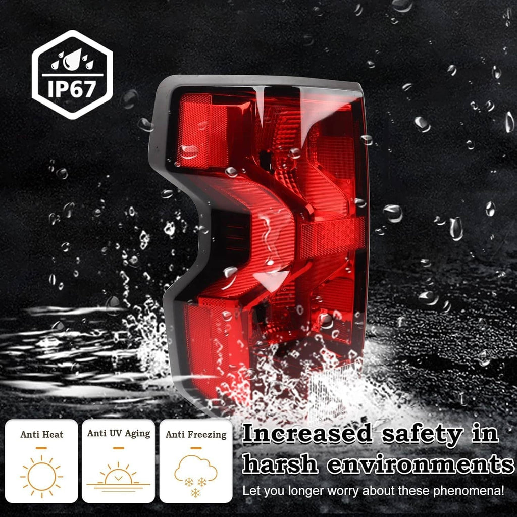 Left tail light assembly with black housing, red lens, and clear reverse lamp