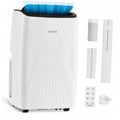 White portable air conditioner with blue top air outlet and front grille.