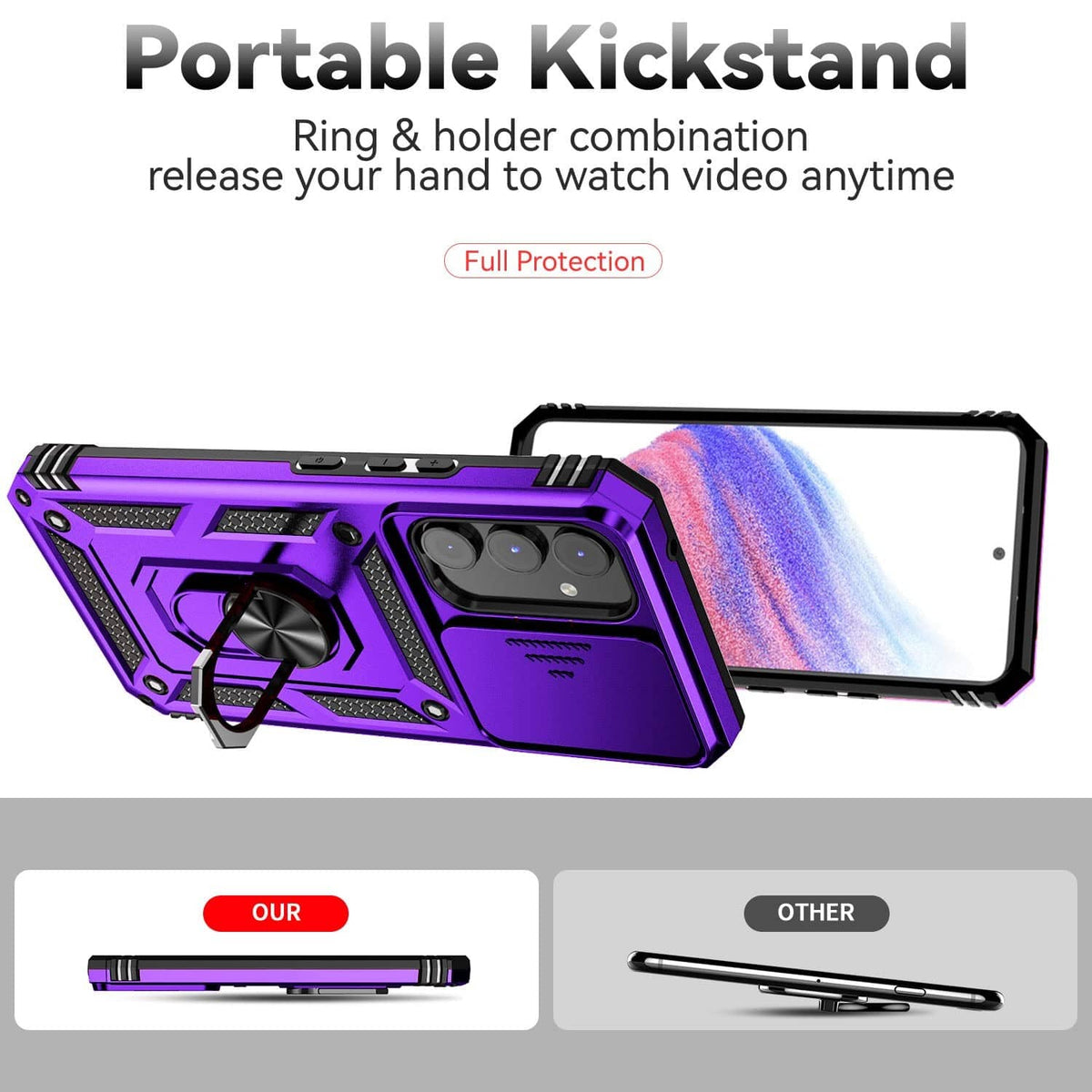 Purple rugged phone case with kickstand ring and front screen cover, side profile