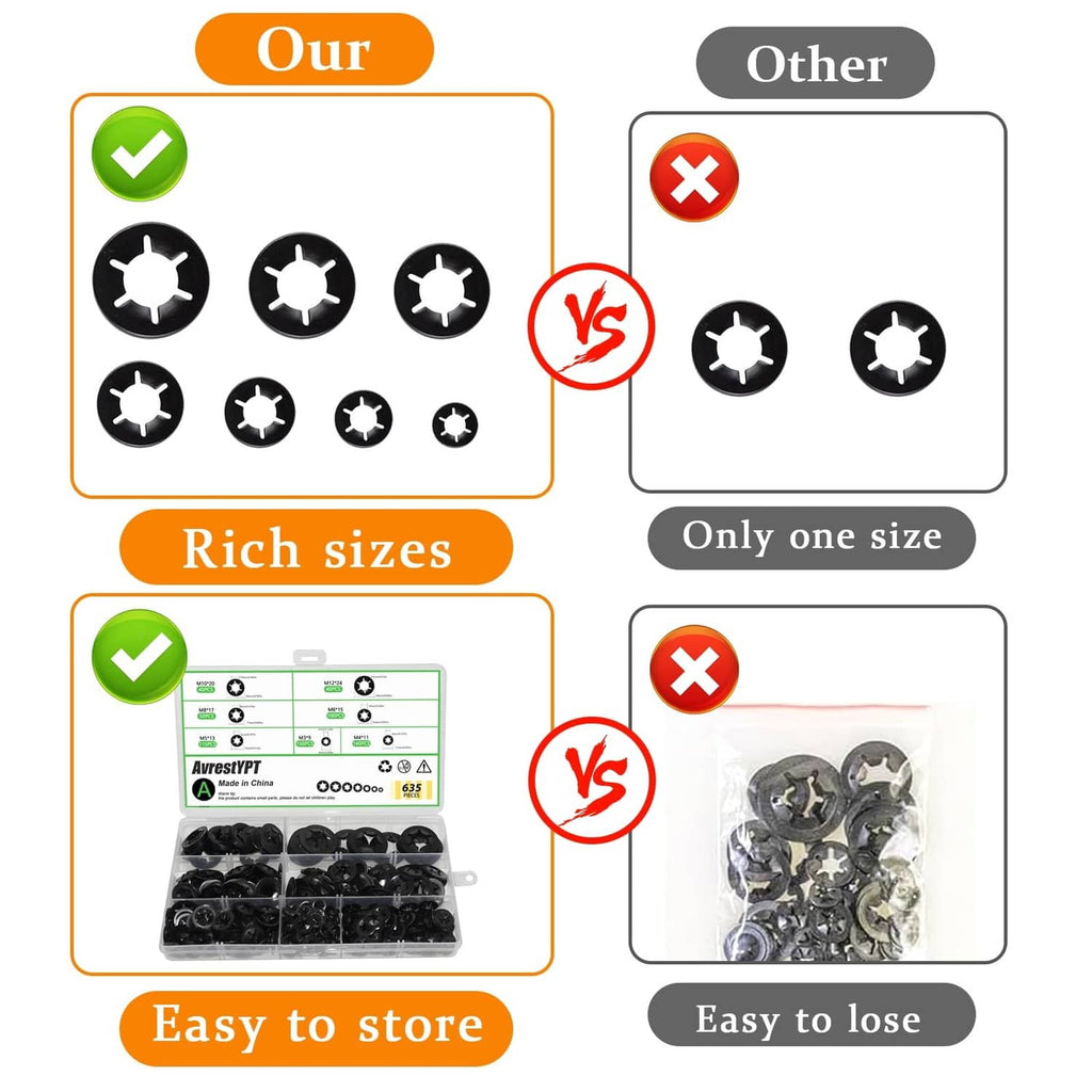 Black internal tooth star lock washers assortment shown with size and storage comparisons