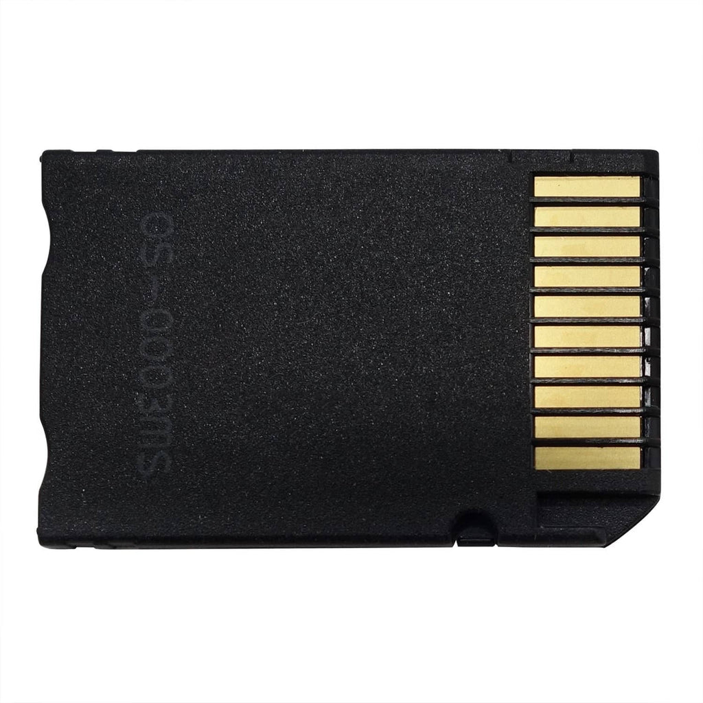 Back of black Memory Stick PRO Duo microSD adapter with exposed gold contacts.