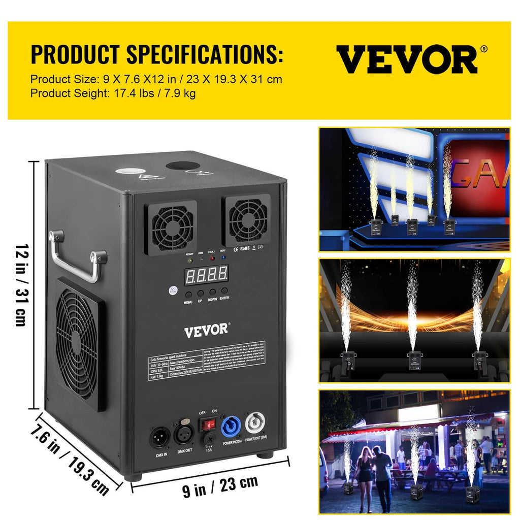700W cold spark machine showing front and side panels with cooling vents
