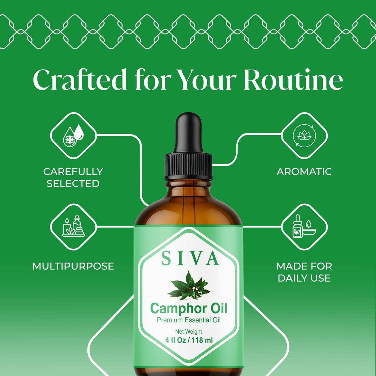 SIVA camphor essential oil bottle with dropper, green label front