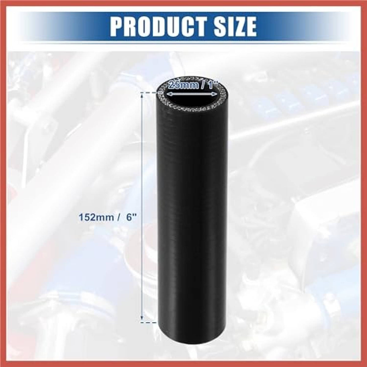 Black silicone straight hose reducer, cylindrical body with textured outer surface