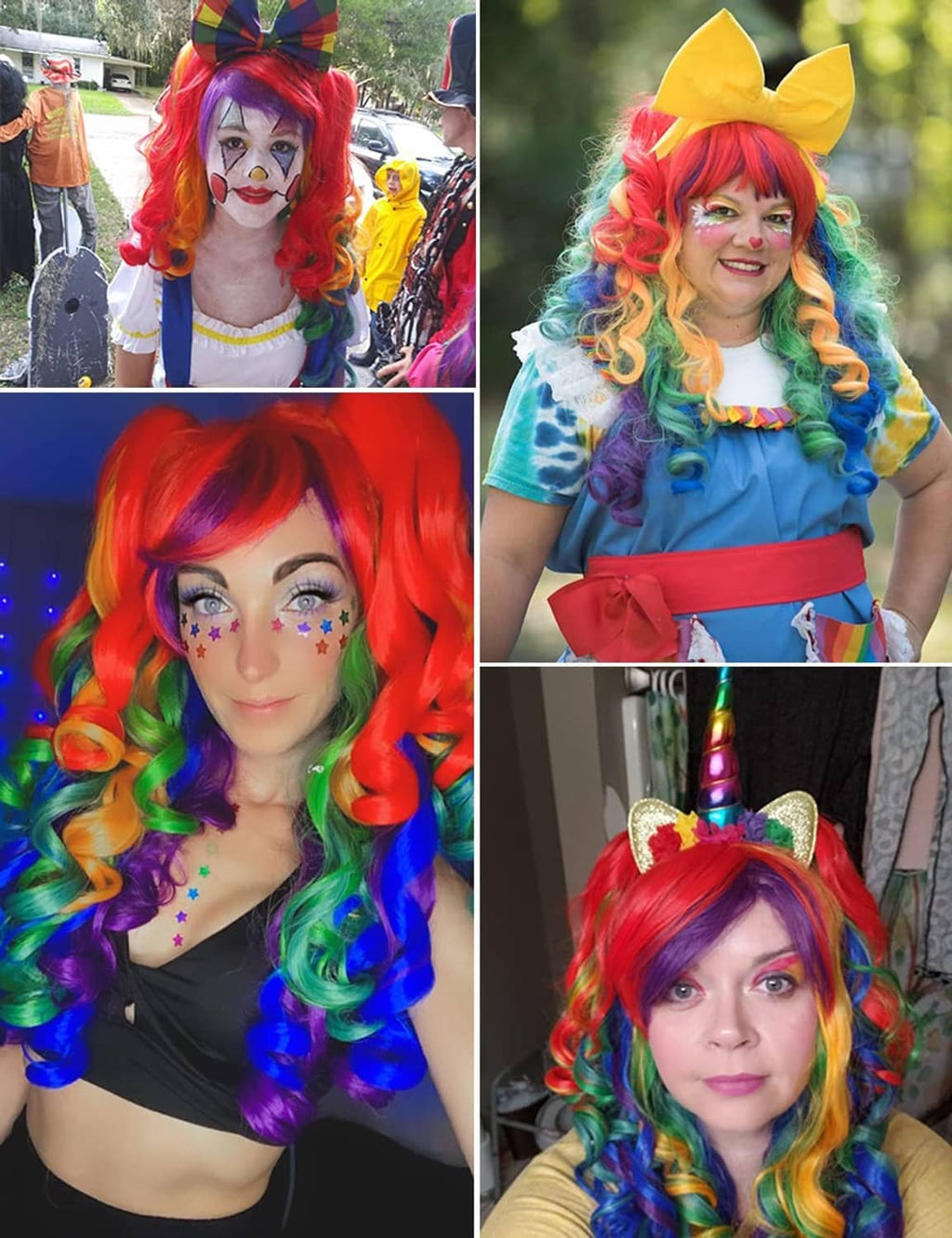 Rainbow curly wig with two ponytails, red and green ringlets framing the face