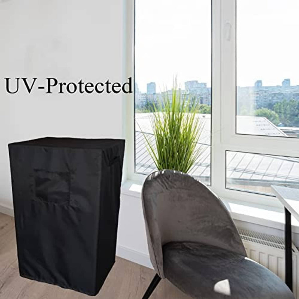 Black portable air conditioner cover with gray top for indoor protection