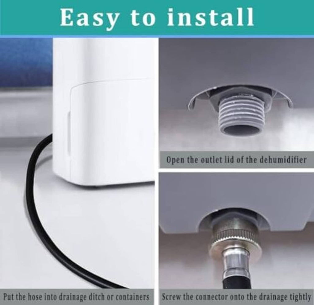 Black drain hose with brass connector fitted to a drain outlet opening