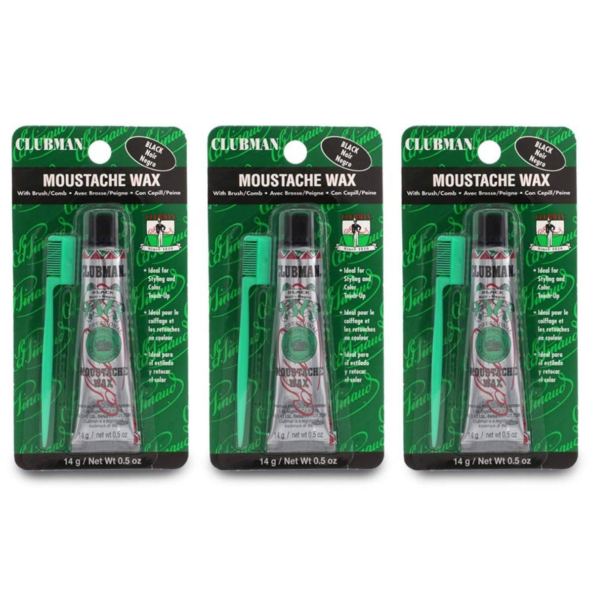 Pack of 3 black mustache wax tubes (0.5 oz each) on green hanging card