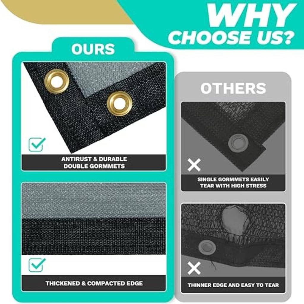 Black shade cloth tarp corner with reinforced stitched edge and two brass grommets