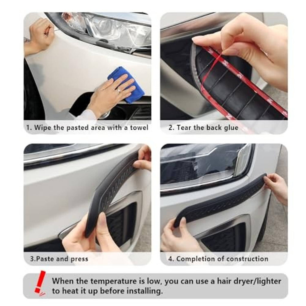 Hands applying a black rubber bumper guard pad to the car bumper edge