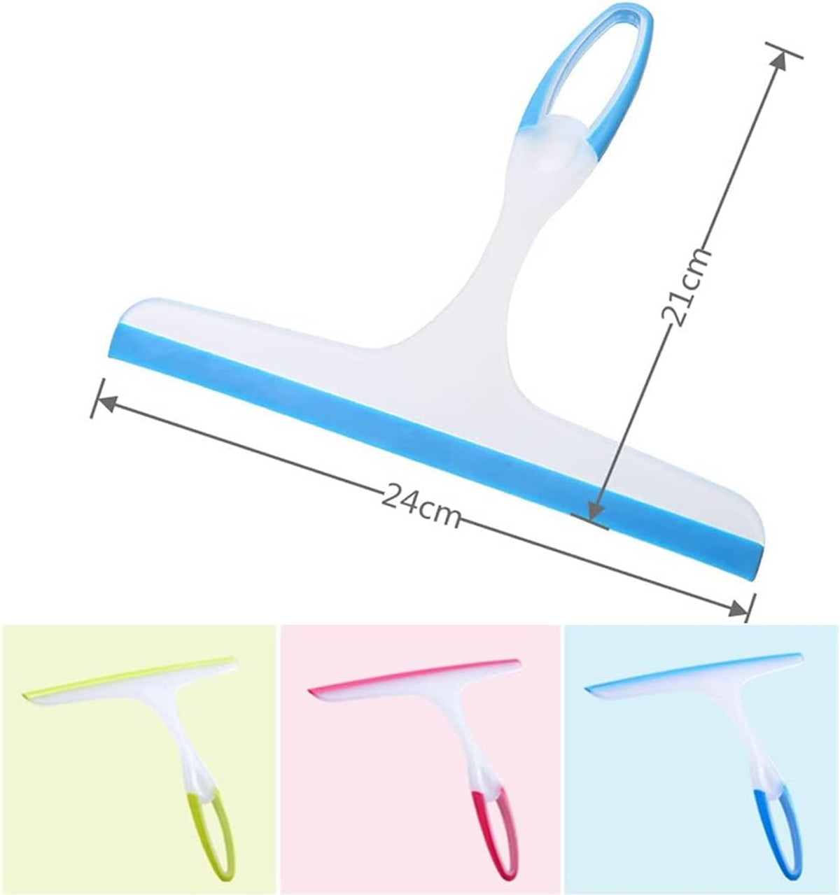Handheld silicone shower squeegee with blue blade and curved white handle for tiles.