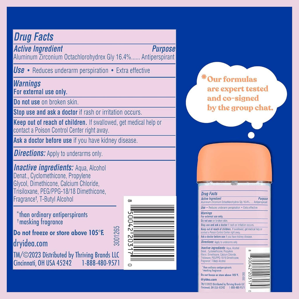 Antiperspirant gel deodorant package back with drug facts and directions panel