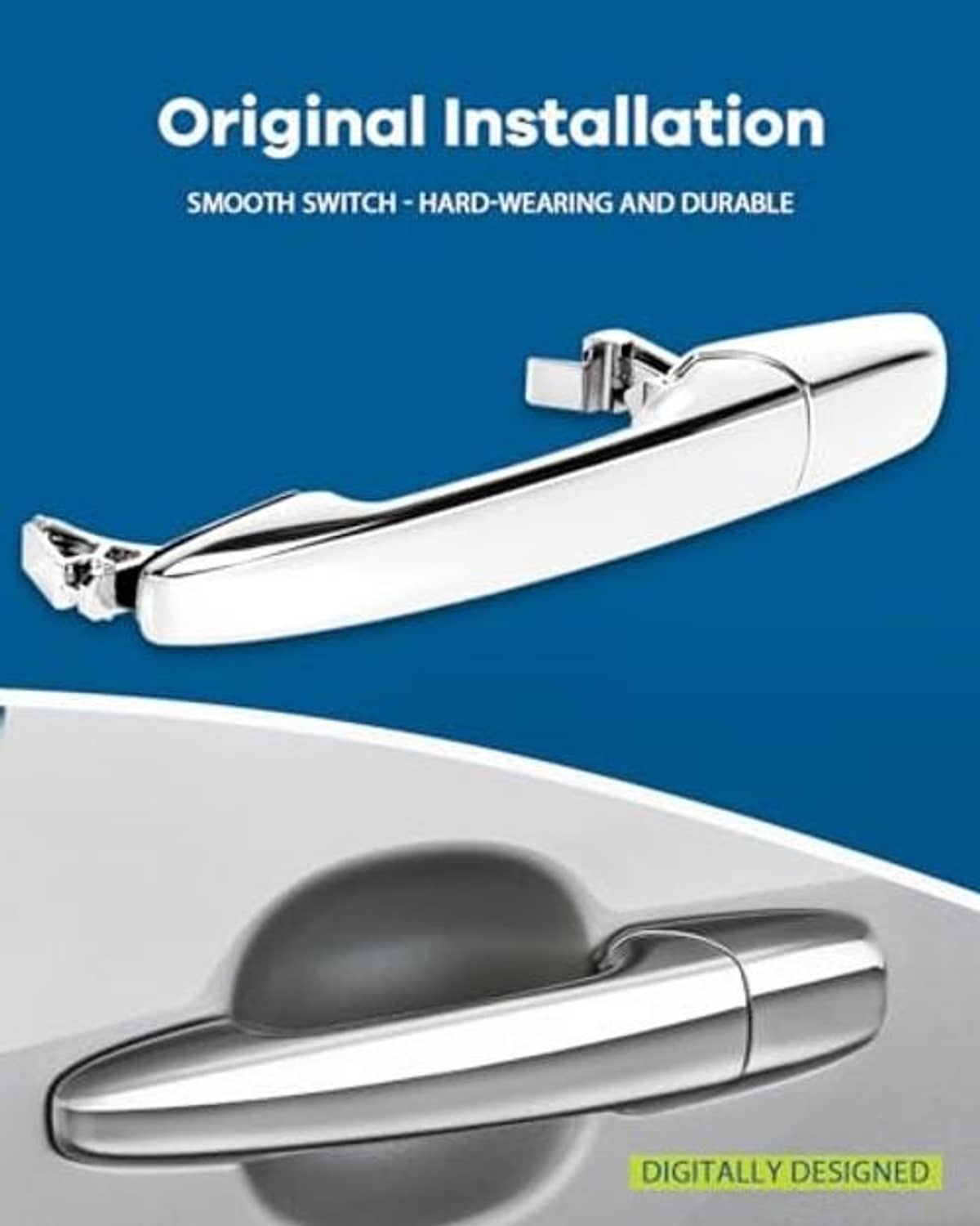 Exterior chrome door handle with mounting hardware, smooth lever replacement