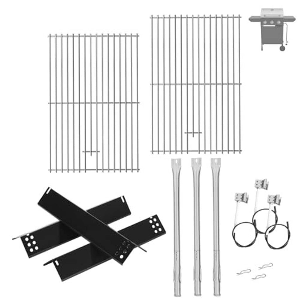 3-burner gas grill replacement parts kit featuring stainless grates, burner tubes, and wires