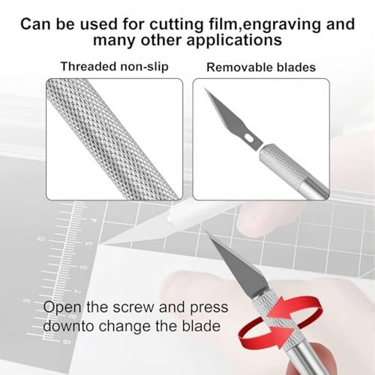 Car window film cutting tool with textured non-slip handle and removable blades