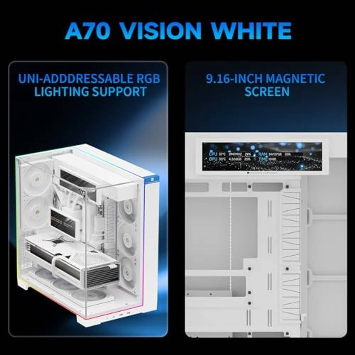 White ATX gaming PC case with RGB lighting support and 9.16-inch magnetic screen
