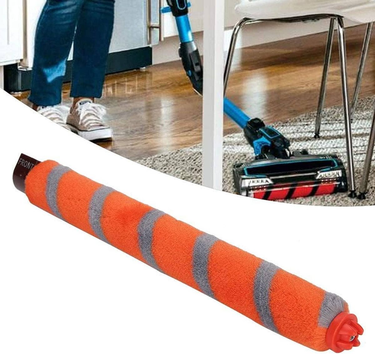 Orange roller brush with gray stripes and red end cap on vacuum floor head