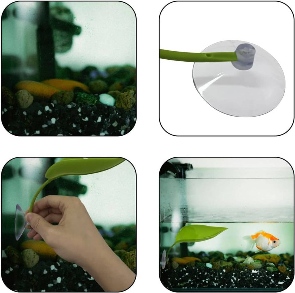 Green leaf basking platform set with suction cups; installation steps shown