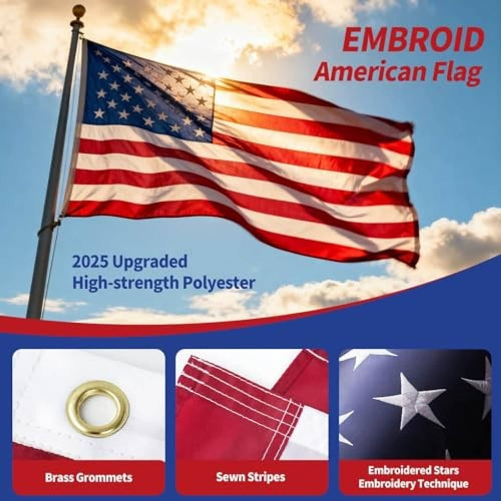 American flag with embroidered stars and red-and-white striped fabric waving on a pole