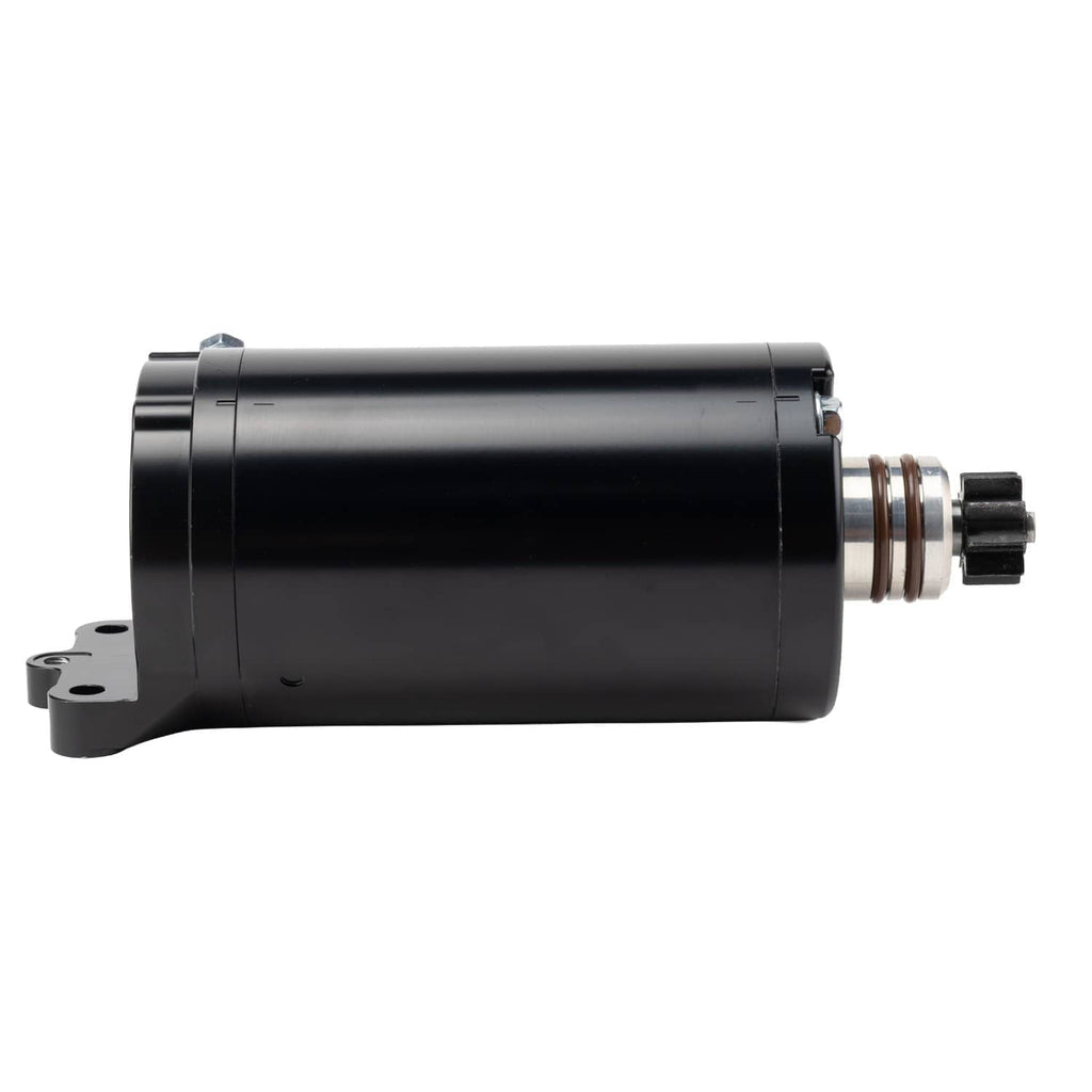 Black marine starter motor angled side view with mounting base and output shaft