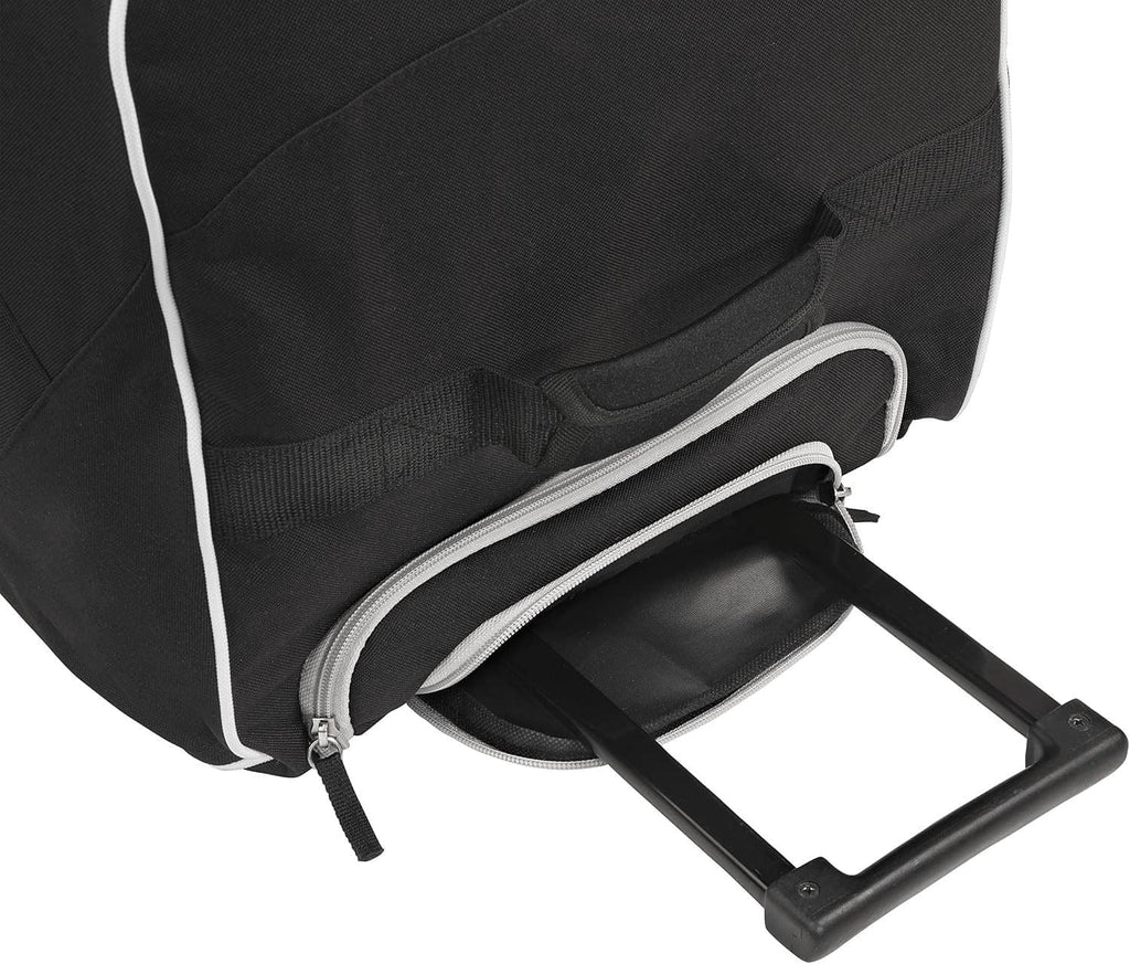 Black wheeled catcher’s bag with open side pocket and black handle frame