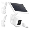 White outdoor security camera mount with wall bracket and solar panel