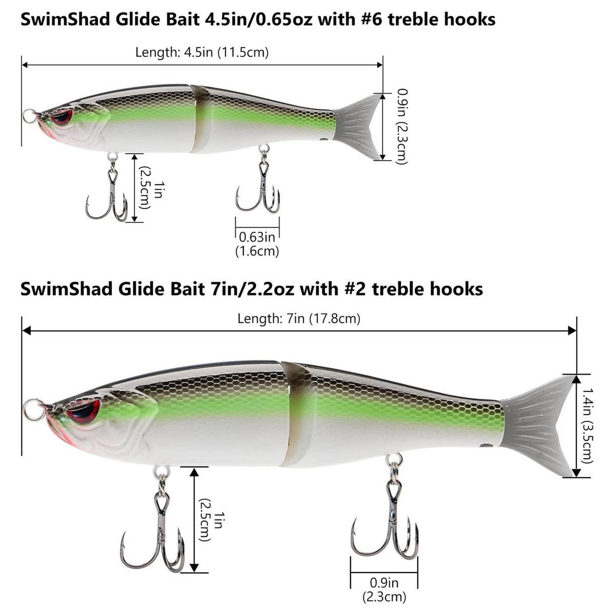 Glide bait size chart showing 4.5 in and 7 in versions with treble hooks