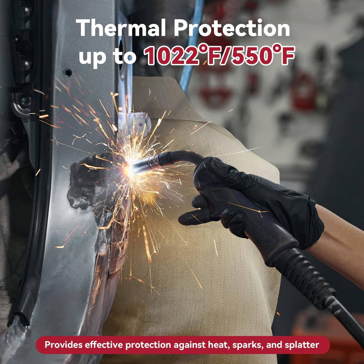 Beige welding blanket protecting a surface from sparks and high heat
