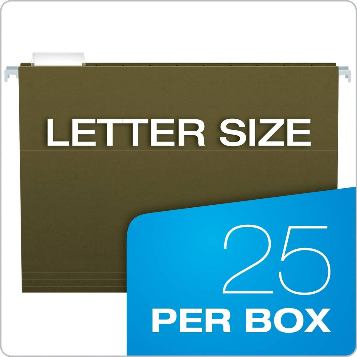 Green hanging file folder labeled 'LETTER SIZE' and '25 per box'