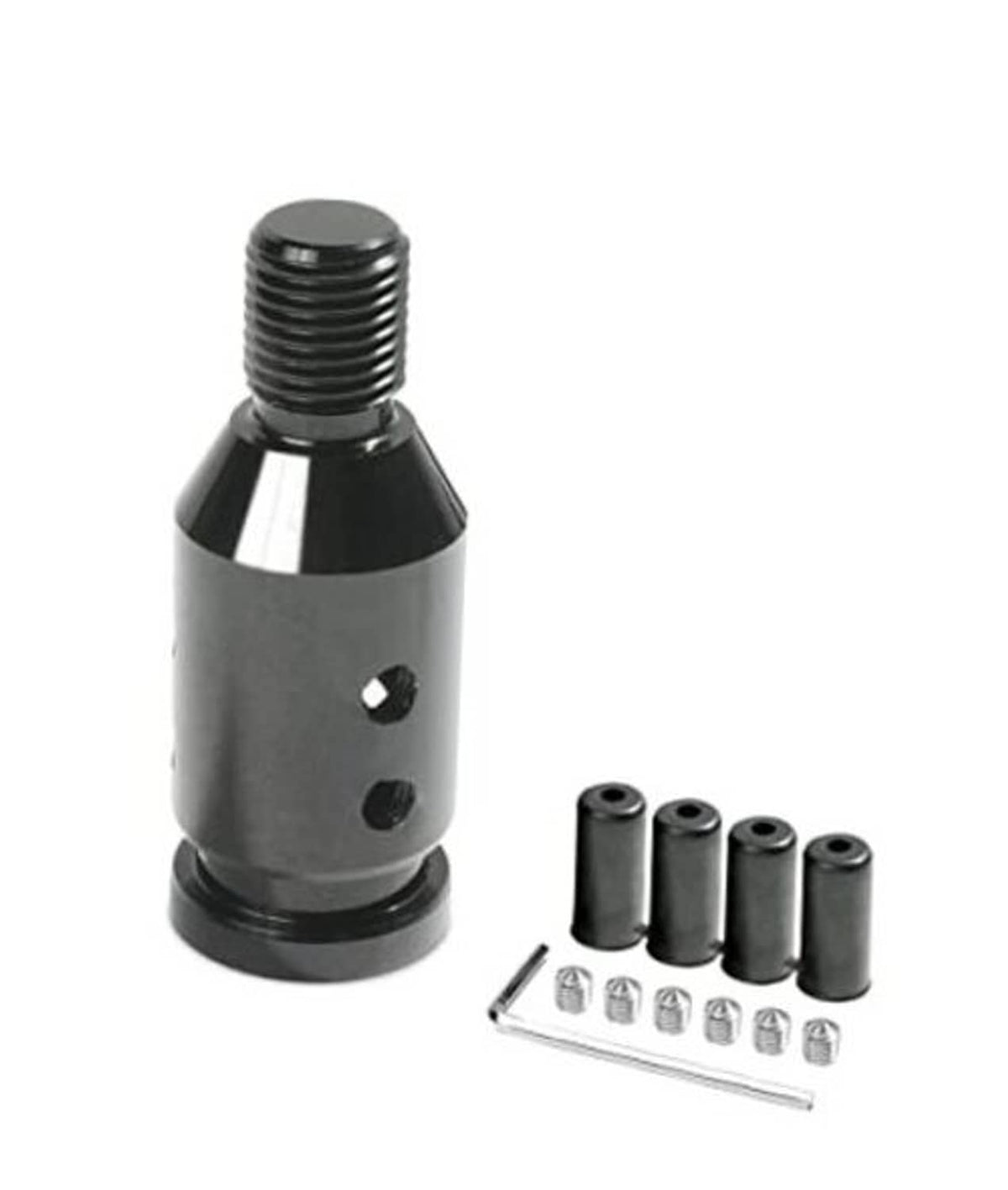 Black aluminum universal gear shift connector with threaded stud and adapter screws