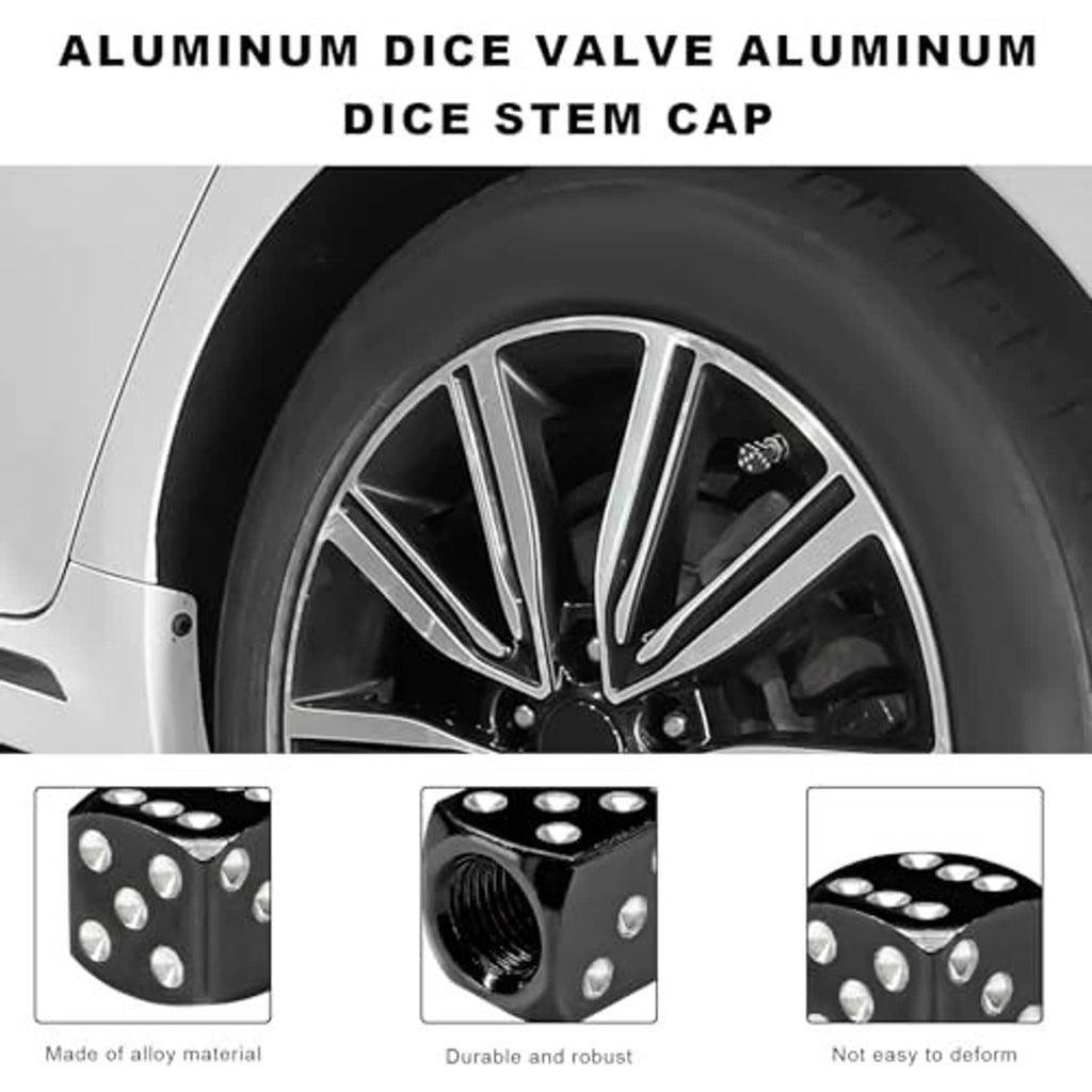 Dice-shaped aluminum valve stem cap in black with silver dot design and threaded opening