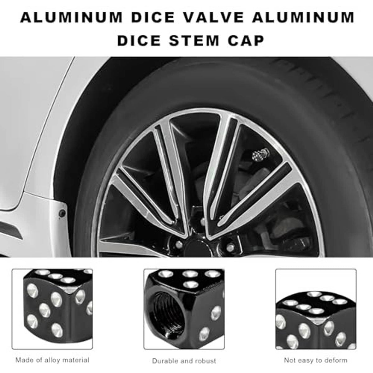 Dice-shaped aluminum valve stem cap in black with silver dot design and threaded opening