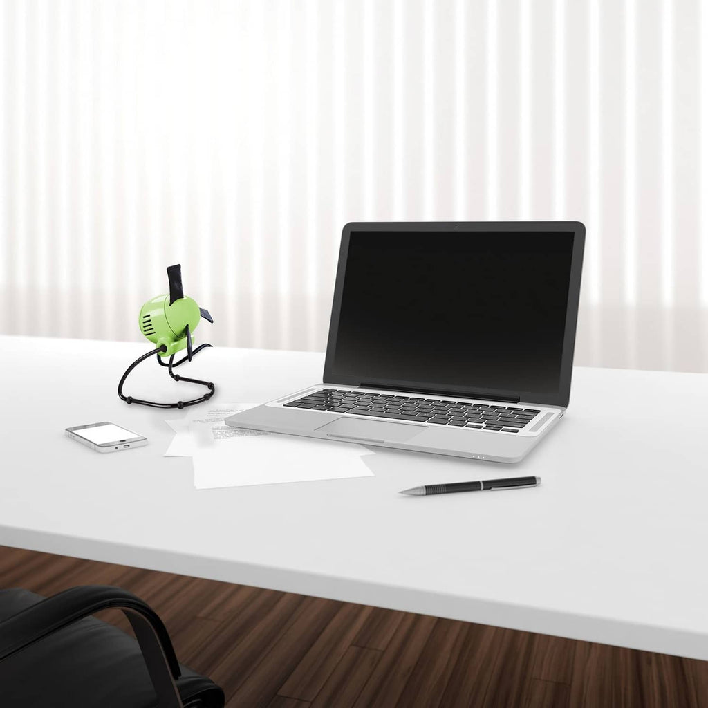 Green foldable personal fan with vented front grille and flexible black arms