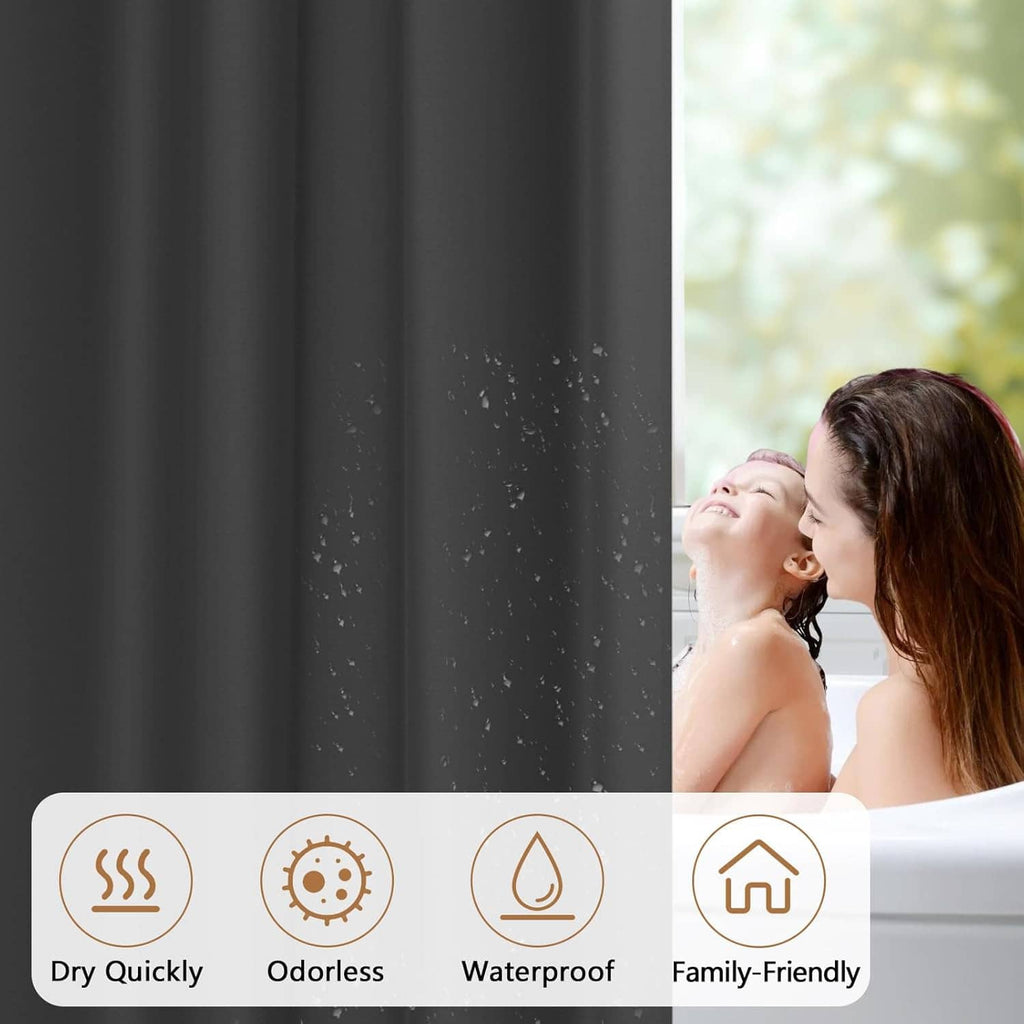 Charcoal gray shower curtain liner with water-repellent droplet pattern