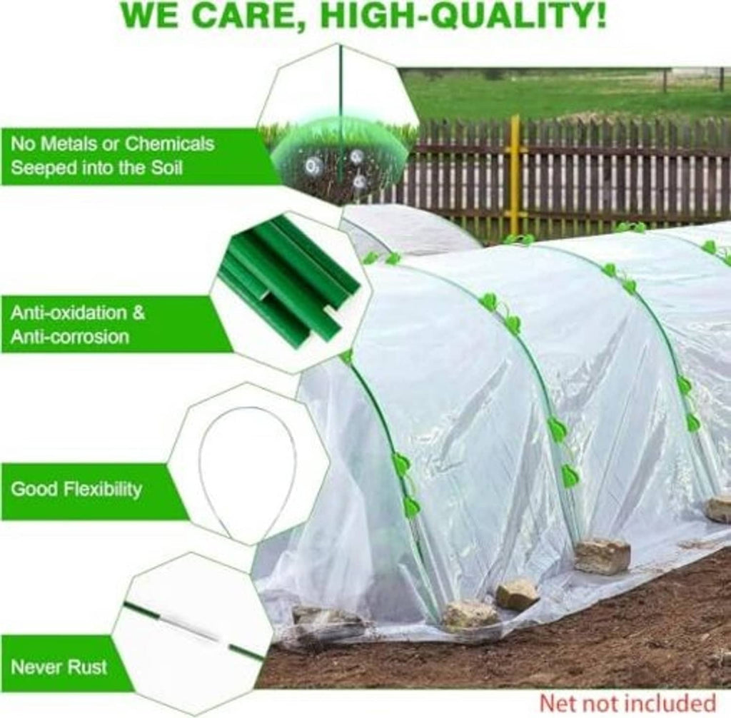 Green-clip row cover with arched hoops for covering plants on garden soil
