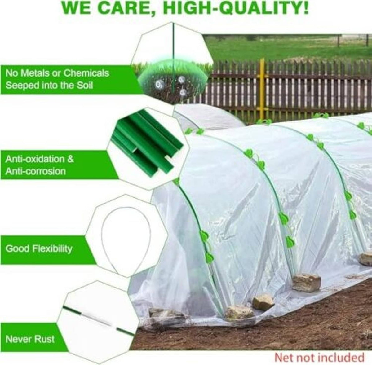 Green-clip row cover with arched hoops for covering plants on garden soil