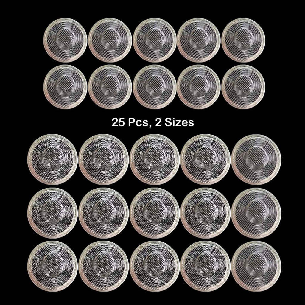 Set of 25 round stainless mesh drain strainers with fine grid baskets, silver