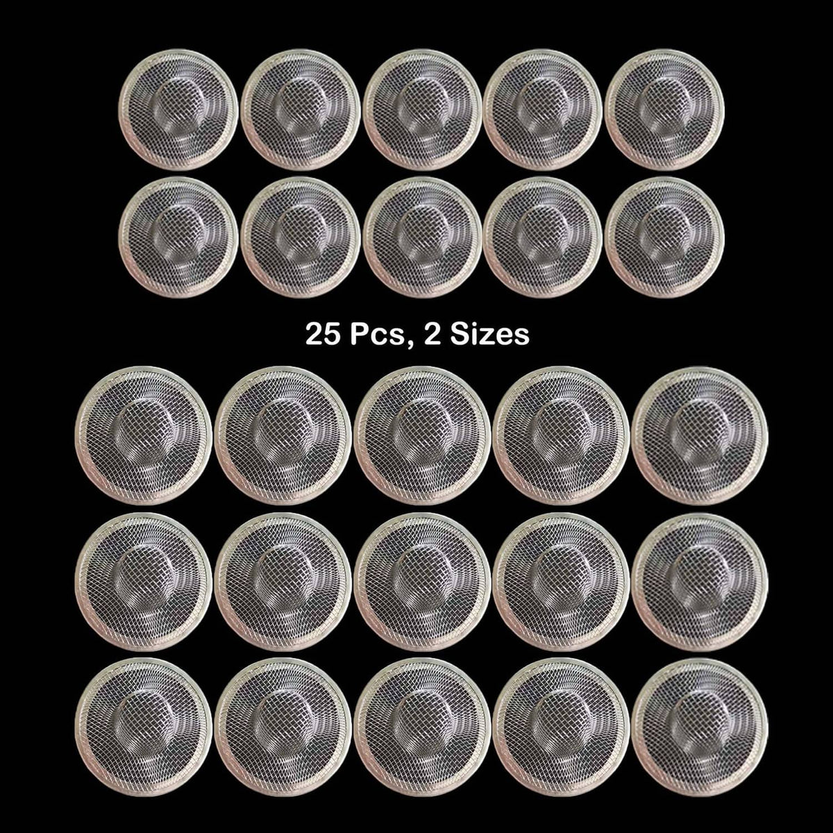 Set of 25 round stainless mesh drain strainers with fine grid baskets, silver