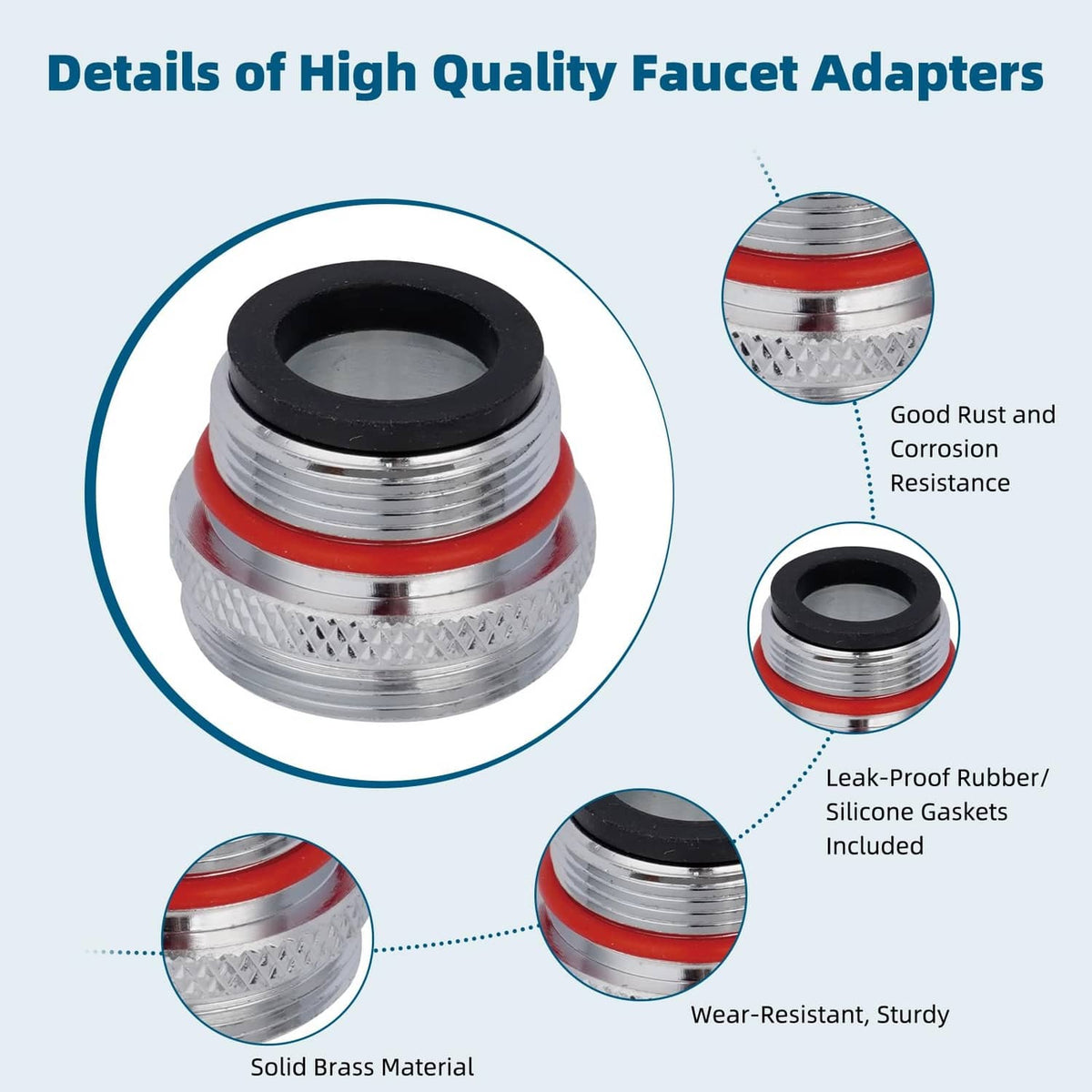 Faucet adapter with red sealing band and black rubber gasket, chrome finish
