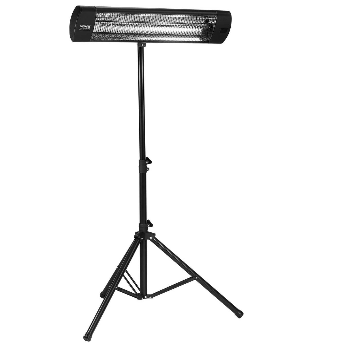 Black infrared space heater on tripod stand, front heating element bar view