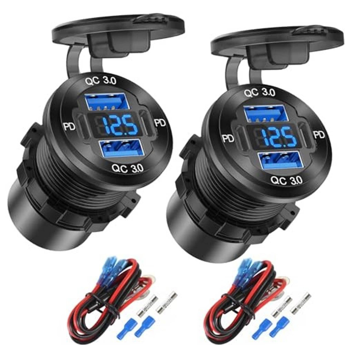 Pair of black dual-USB car chargers with blue QC/PD displays and included cables