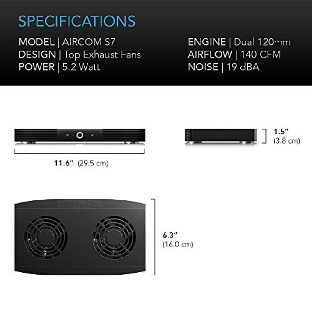 Black cooling fan system shown with dimension outlines and two front fan grilles