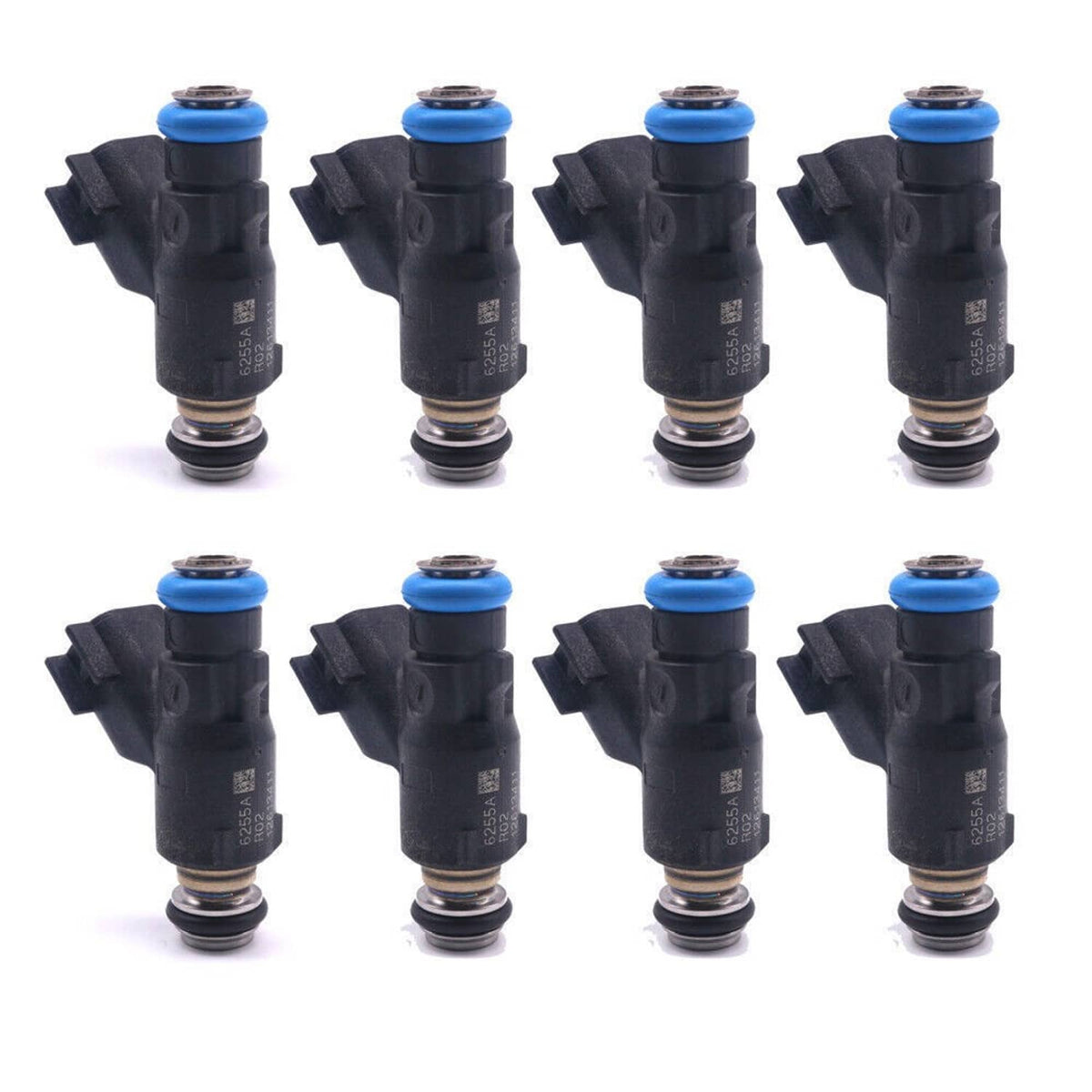 Eight black fuel injectors with blue seals arranged in two rows