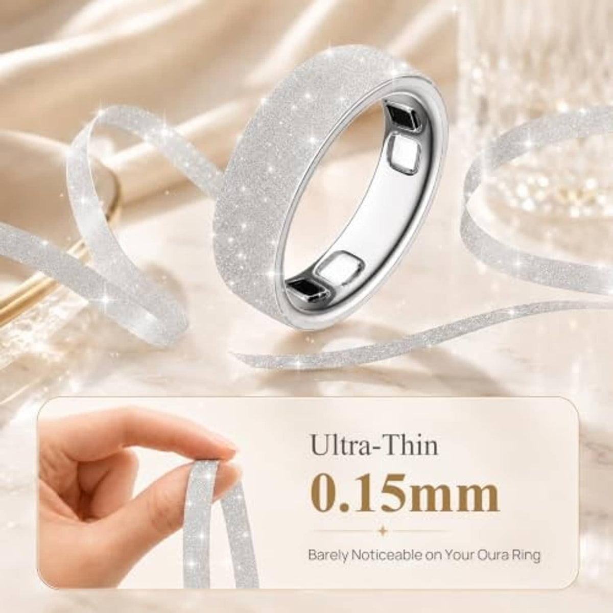 Ultra-thin bling silver ring skin cover for Oura Ring Gen 5, size 10, thin glitter strip