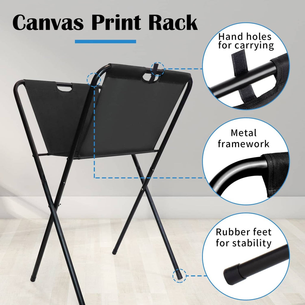 Black canvas print rack with metal frame, hand holes, and rubber feet