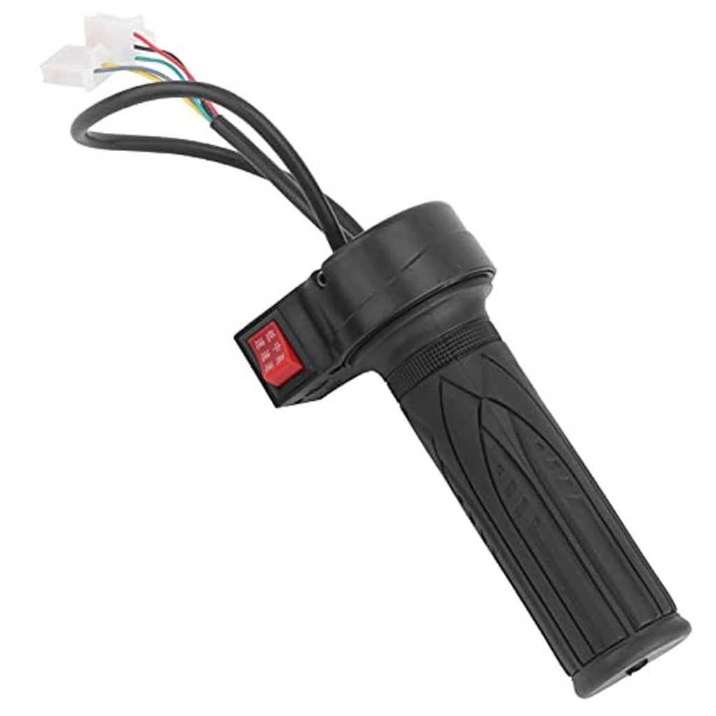 Black throttle grip with red LED display panel and textured rubber handle