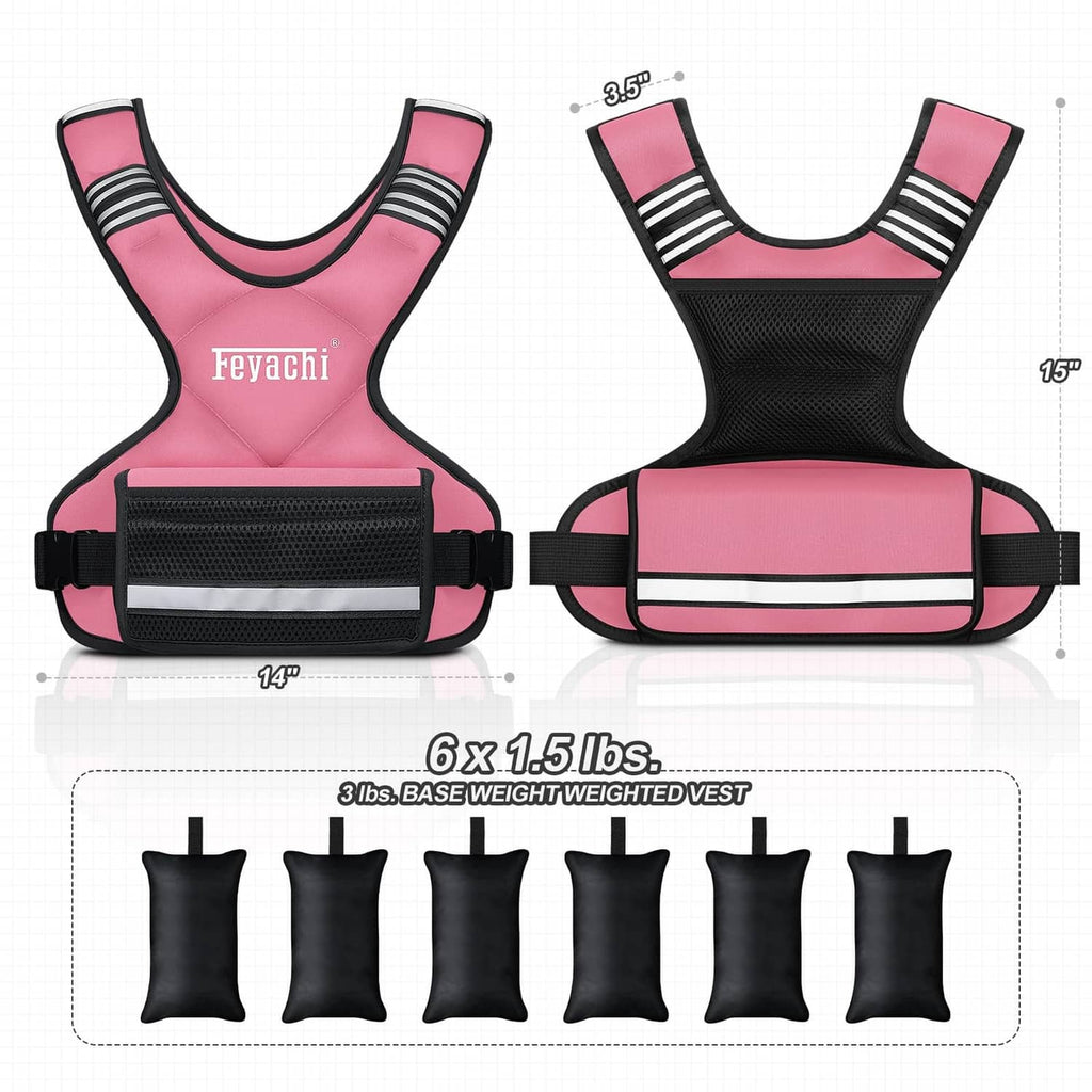 Pink and black weighted vest with adjustable straps, front mesh pocket, weight plates