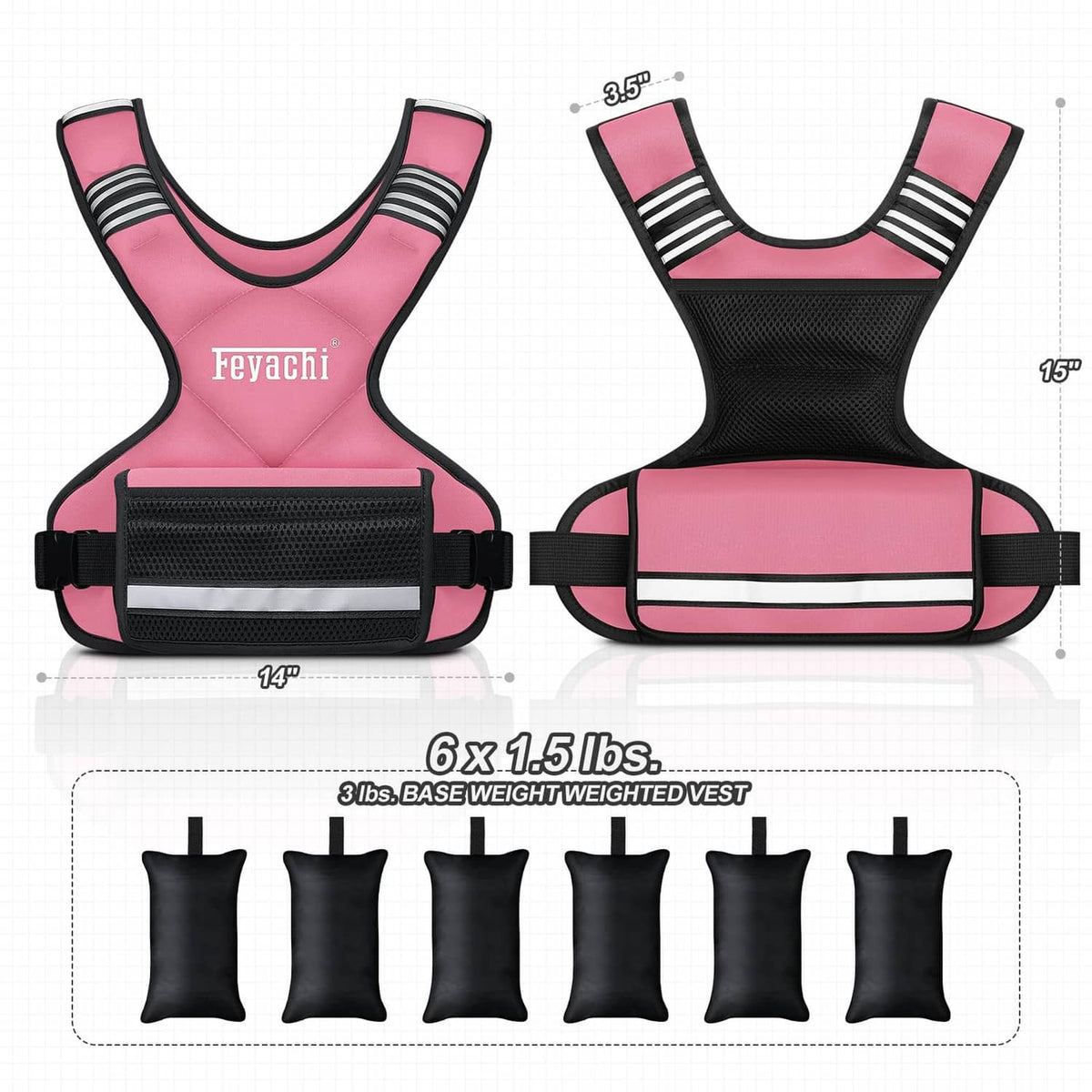 Pink and black weighted vest with adjustable straps, front mesh pocket, weight plates